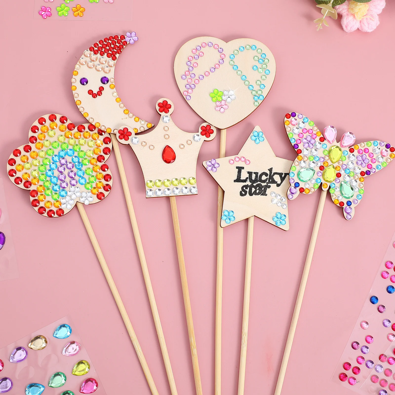 ชุดไม้กายสิทธิ์เจ้าหญิง 1 ชุด งานฝีมือระบายสีไม่เสร็จ ไม้เปล่า ติดเพชร สำหรับเด็ก งานวันเกิด ของตกแต่งงานฝีมือ