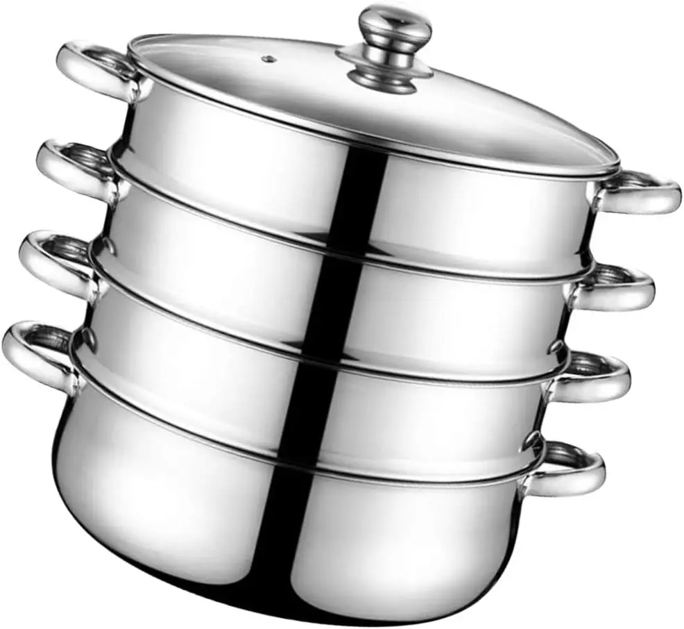 

Steam Pot 4 Tier Steamer with Lid Stepped Steamer with Twin Handles Stainless Steel Stockpot Multifunction Large Soup Pot Cookin