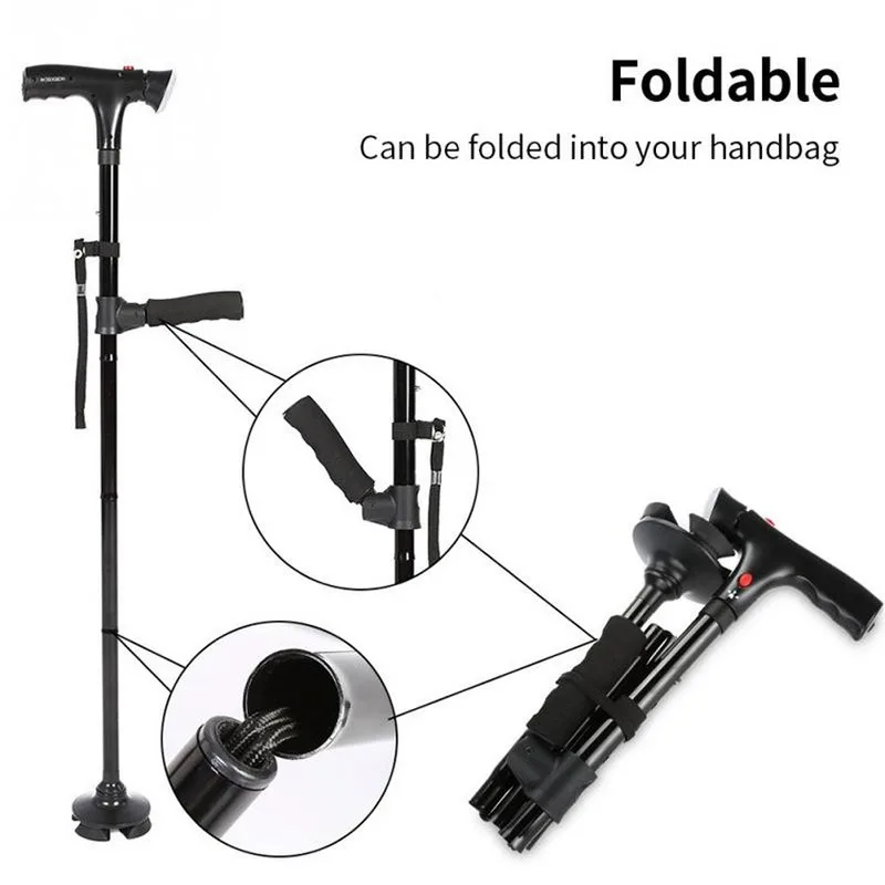 Foldable Telescopic Folding Walking StickElderly Walking AidTelescopic Foldable Rotating LED Lights Four Legs Walking Stick