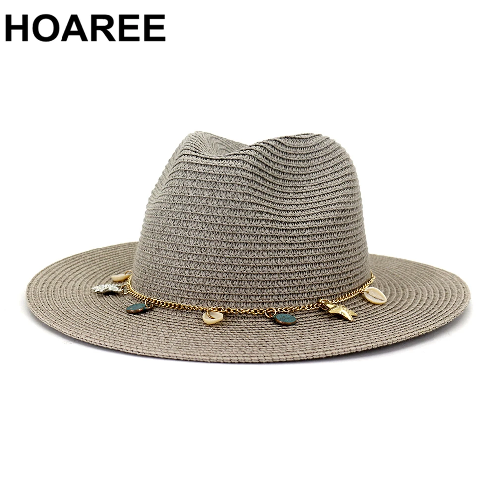 HOAREE White Panama Hat Women Summer Wide Brim Straw SunHat Ladies HatsTravel Beach British Style Brand New Female Fedora