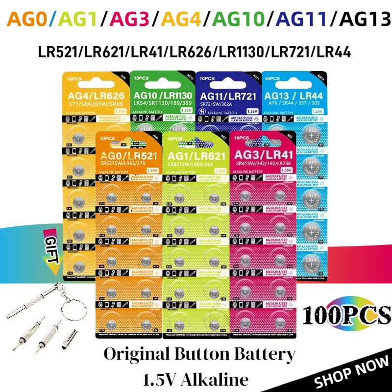 

100Pcs AG13 Battery AG0 AG1 AG3 AG4 AG10 AG11 Button Cell Coin LR44/LR521/LR621/LR41/LR626 Alkaline Battery For Clock Electronic