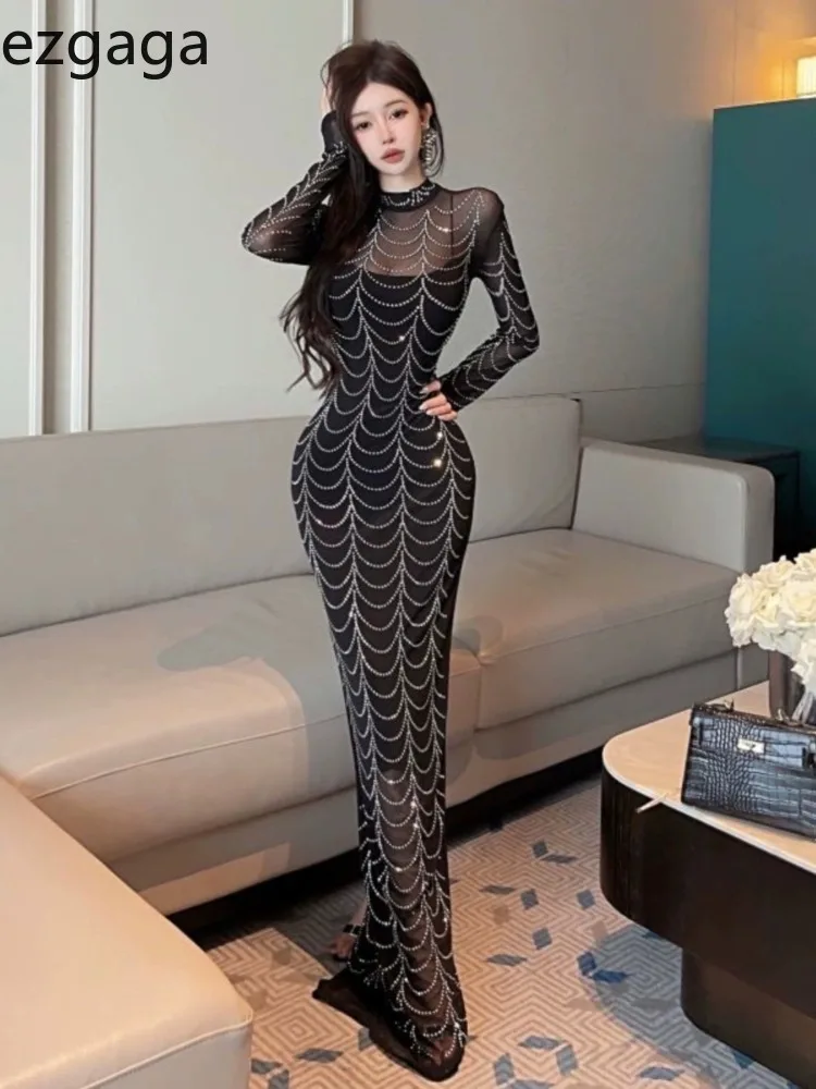 Ezgaga Woman Dress Stand Collar Mesh Patchwork Long Sleeve Rhinestone Slim Sexy Elegant Party Dresses Ladies Chic Fashion