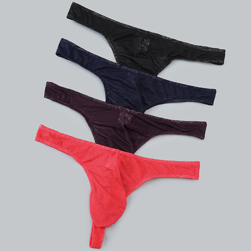 Perspective Sexy Hot Men Lace Jacquard G-string Underwear High Stretch Large Pouch Thong T-back Panties For Man