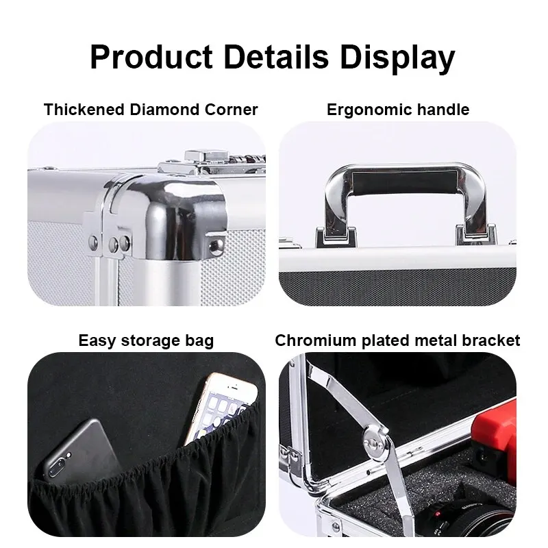 Boîte à outils portable en aluminium avec éponge, équipement de sécurité, mallette de rangement, valise, étui à degrés porteurs