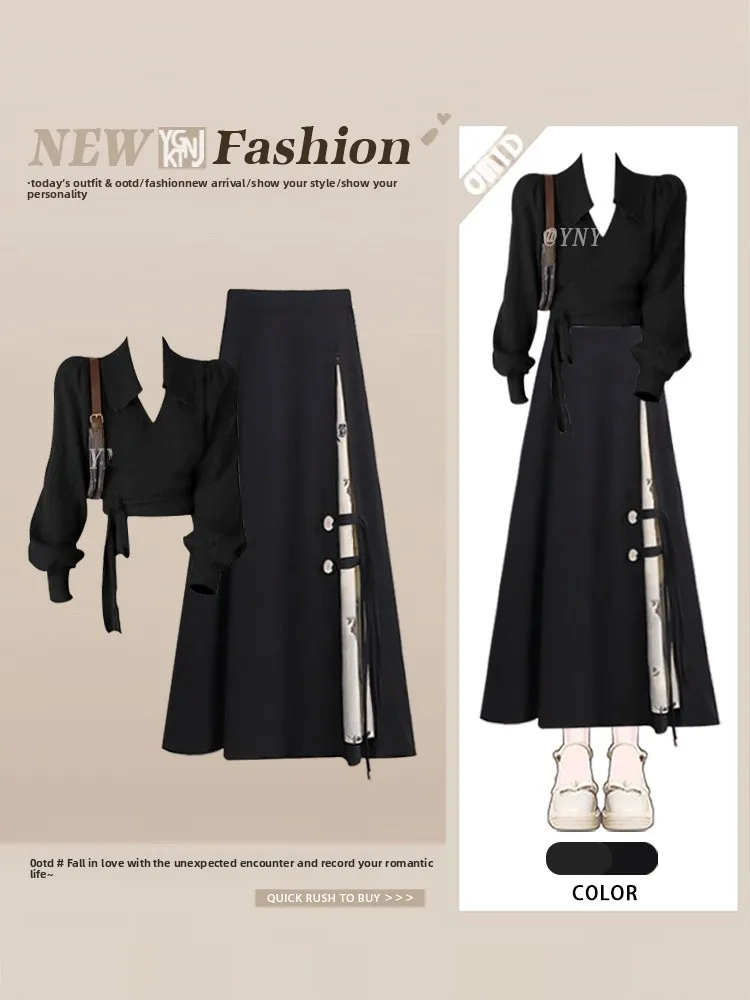 

Early Autumn Faionable Knitwear Set with Bow-Tie Collar And Color Blo Skirt Long Sve Ne Open Cardigan for ...