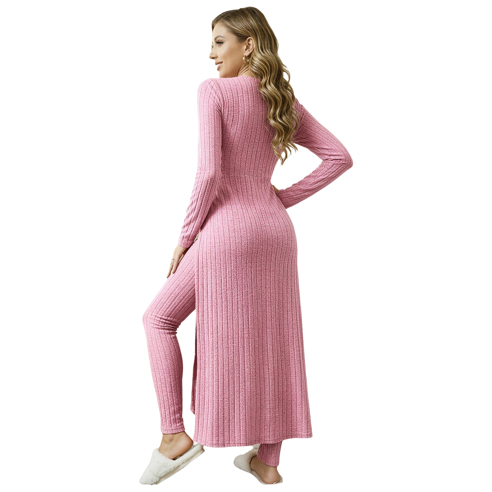 Women's Ribbed Pajama Set 2-piece Loungewear Autumn Casual Homewear Long Sleeve Side High Split Top with High-waisted Leggings
