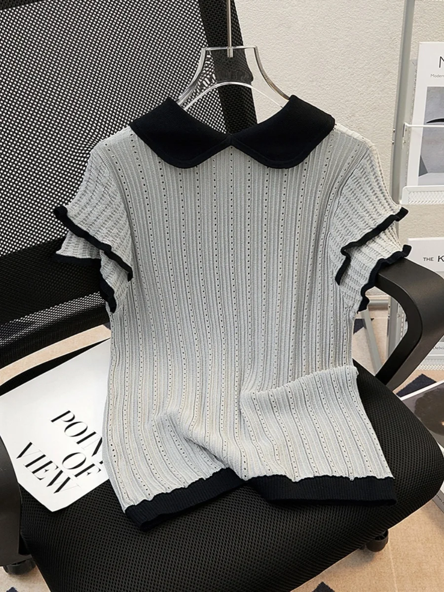 Large Size Women's T-irt Ice Silk ort Sve Knitted Hollow out Color Blo Doll Collar Faionable Summer Top
