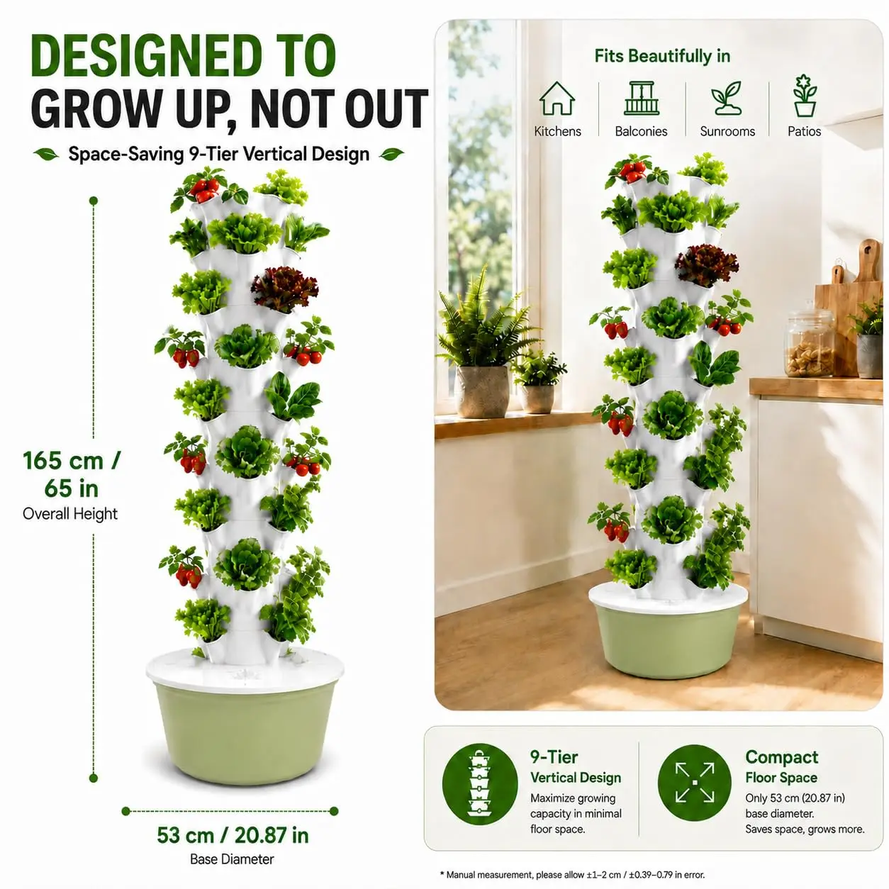 9-Tier Hydroponic Tower, Hydroponic Growing System for 36 Plants, 40L Tank,Smart App Timer, Remote On/Off, Adjustable Water Pump, Removable Tiers; Indoor/Outdoor Garden for Vegetables & Strawberries