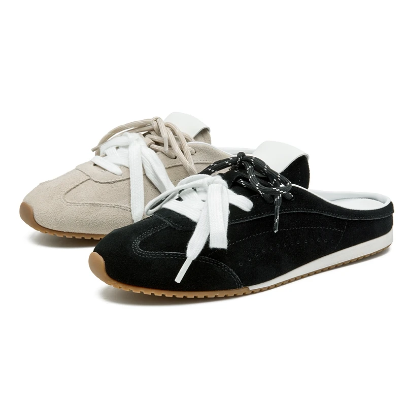 AIYUQI Women Suede Mule Sneakers Retro German Trainer Slip On Double Lace Flat Shoes Casual Backless Loafers Ladies Footwear