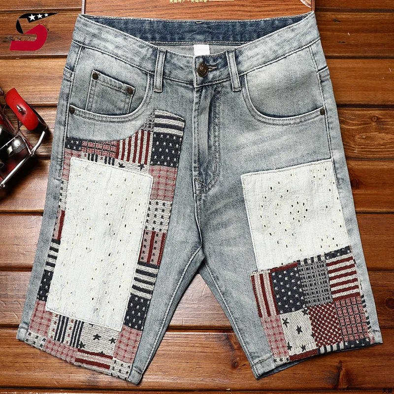 

Summer Retro denim shorts men's patch slim stretch fashion Korean style trends personality street motorcycle shorts