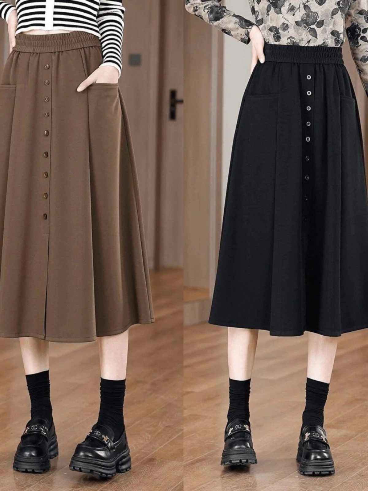 Casual Pocket Half Skirt Women's Spring Autumn Loose Slimming Midi A-Line Skirt Fashionable Elastic Waist Skirts