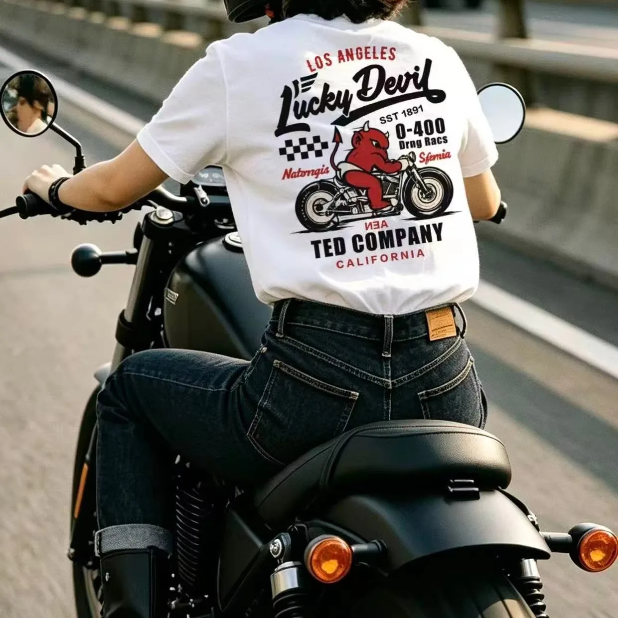 White Ted Lucky Los Angeles Devil Drag Race Biker T-Shirt Cotton Graphic Tee Men Women Summer Streetwear