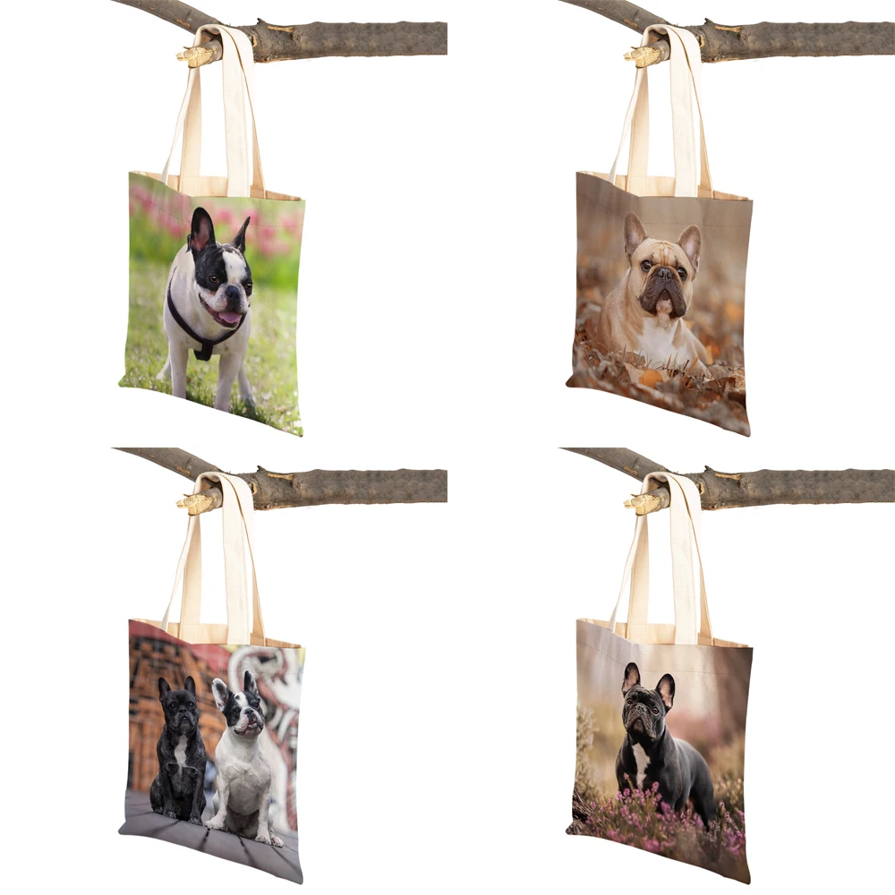 French Bulldog Dog Double Print Lady Student Canvas Tote Bag Reusable Cute Pet Animal Casual Shopping Handbag for Women