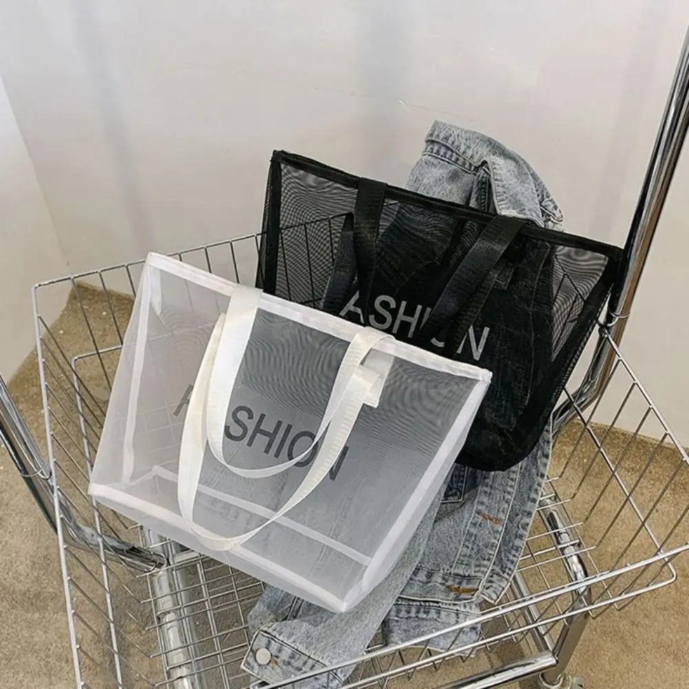 

Transparent Mesh Tote Bag Zipper with Handle Swimming Handbag Large Capacity Travel Toiletries Organizer Shopping Shoulder Bag