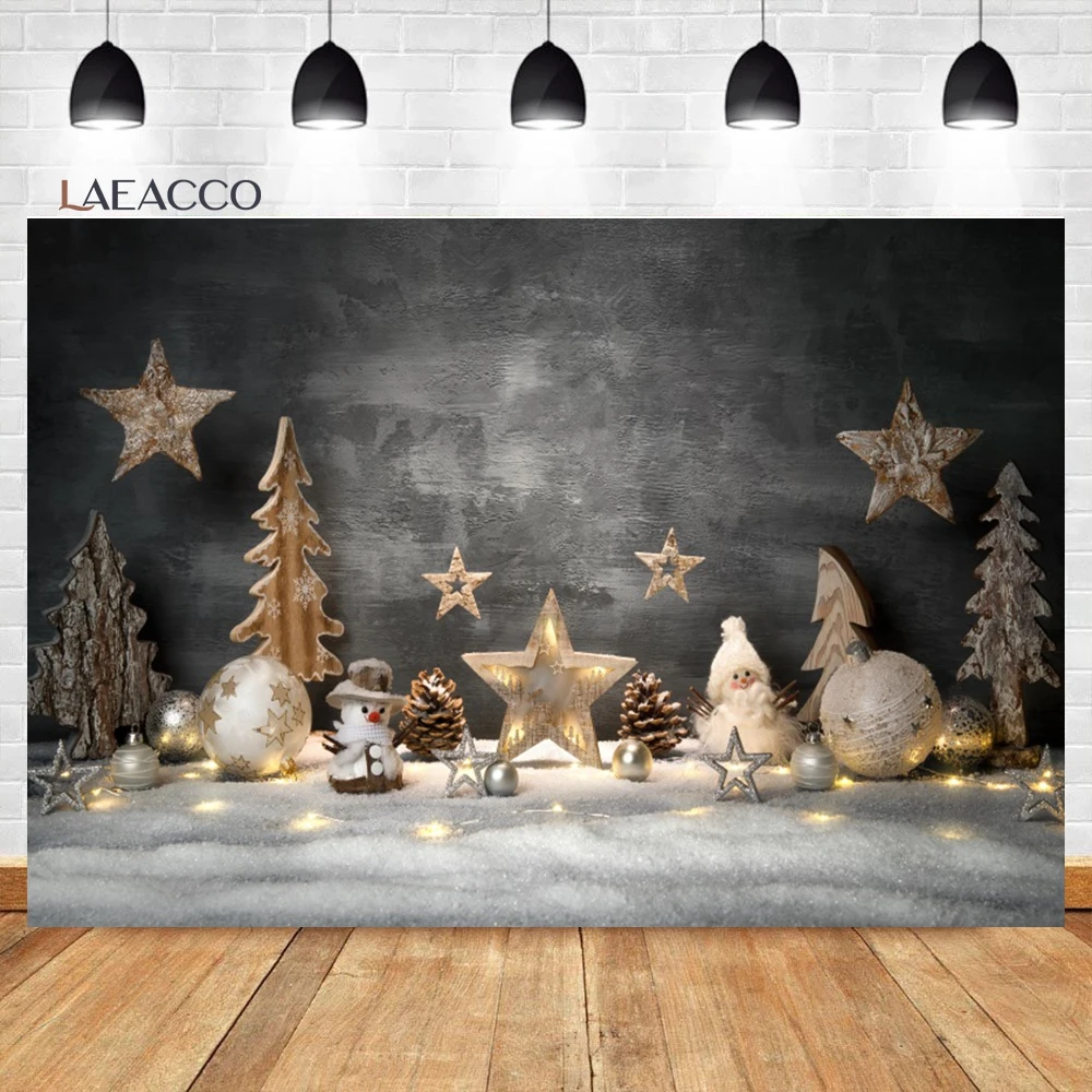 Laeacco Christmas Wood Wall Backdrop Winter Snow Wooden Board Pine Branches Lights New Year Family Party Photography Background