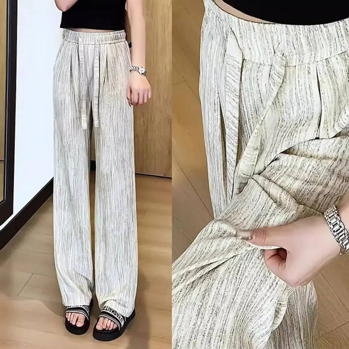 Eisseidenhose mit weitem Bein, lässig, dünn, für den Sommer, kühle Hose, hohe Taille, neun Punkte, koreanischer Stil, Polyesterfaser – Detail 4