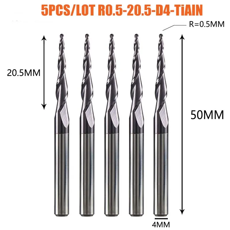 Dreanique 5 stuks/verpakking 4 6mm schacht 2 snijkanten hardmetaal volhardmetaal conische bolkop CNC graveerfrees frees voor hout en metaal