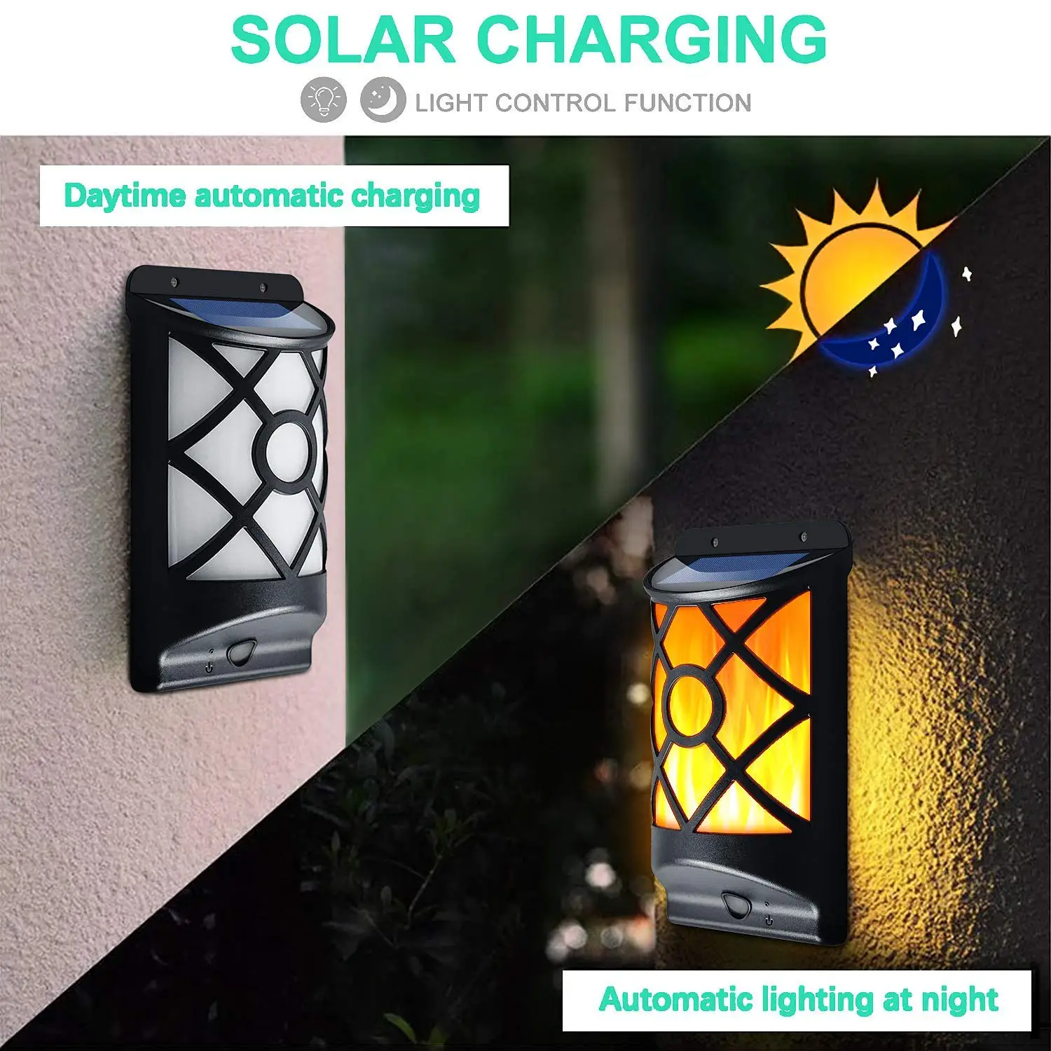 Imagem -04 - Outdoor Solar Powered Flame Lights Flickering Dancing Flames Wall Lantern Night Light Wall Mount Fence Pátio Deck