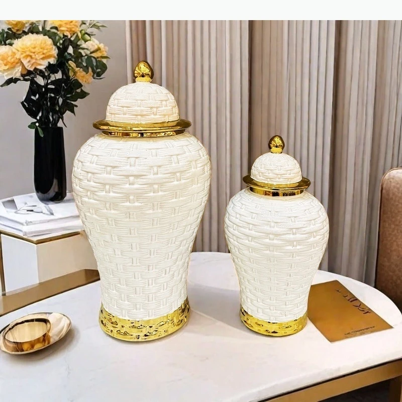 Ceramic Pot Jar Weave Pattern Ceramic Checkmate Jar Storage Flower Vase Home Decoration Accessories