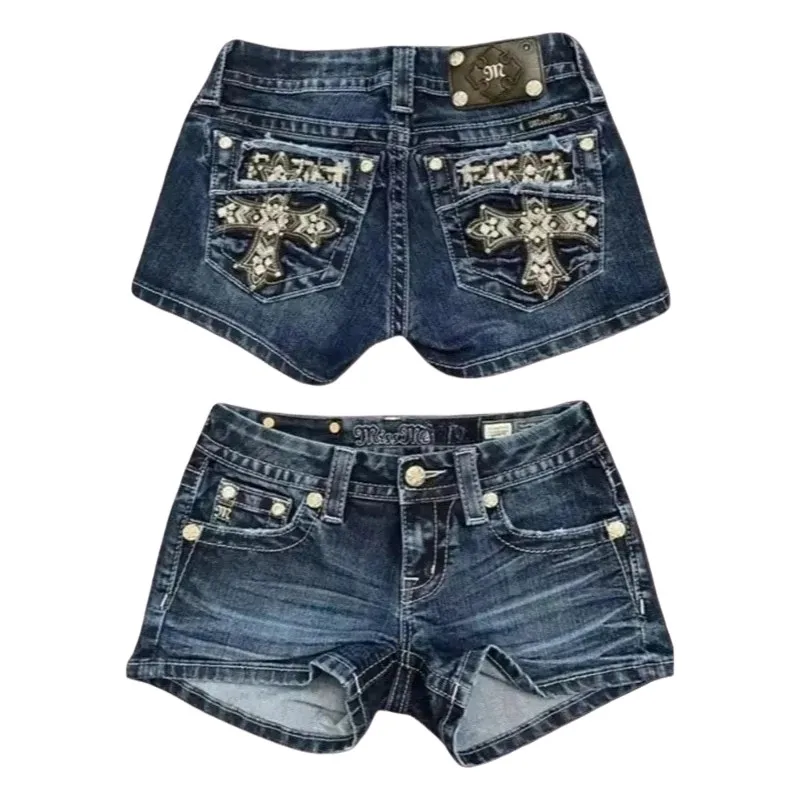 Hip Hop Digital Pattern Patchwork Gothic Womens Denim Shorts Y2K Skirt Vintage 2000s Baggy Shorts High Waist Slim Fit Mini Skirt