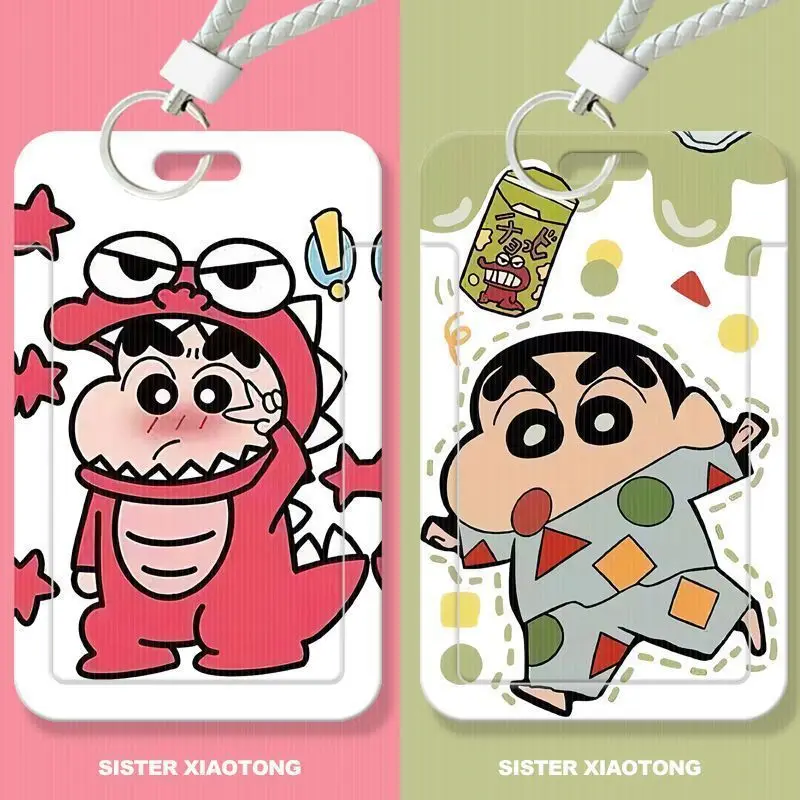 

New Crayon Shinchan Anime Slide Cover Card Holder Cartoon Student Portable ID Cover Keychain Chain Bus Card Protective Case Gift