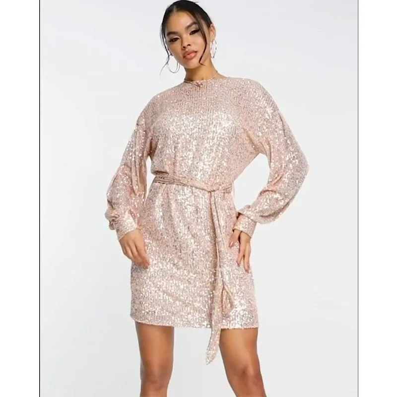 

2024 new temperament sequined round neck split long sleeve loose lace-up sequin dress temperament elegant sexy evening dress