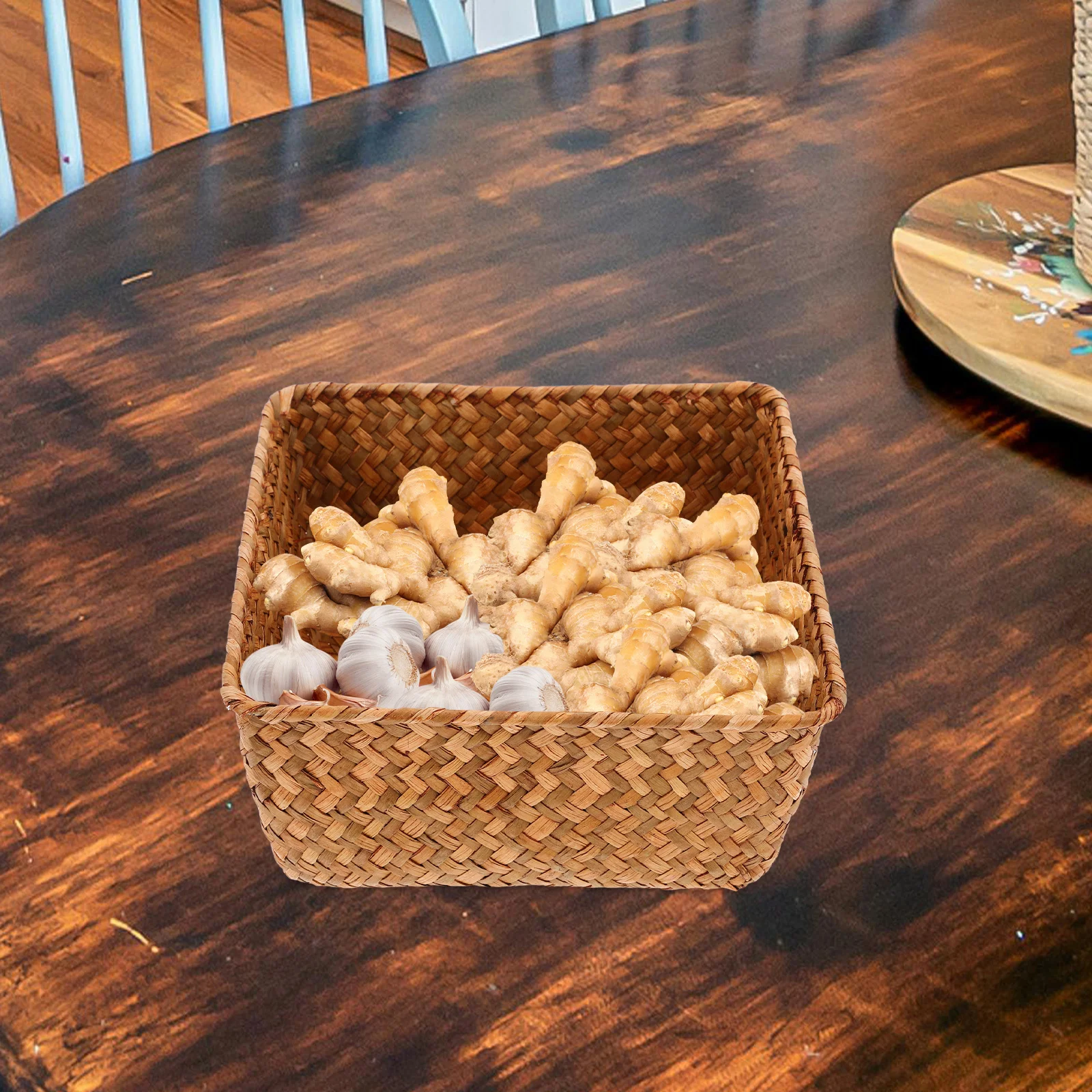 

Seagrass Woven Storage Basket Large Size Multi-Functional Organizer for Kitchen Utensils Spices Garlic Ginger Desktop Household