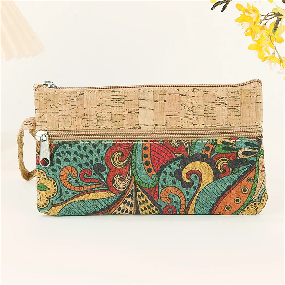 Kork Retro Print Coin Purse Portable Cell Phone Pouch Mini Wallet Double Layer Zipper Money Bag Key Lipstick Organizer Pouch