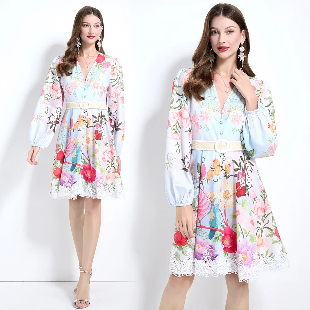 فستان نسائي أنيق بأكمام طويلة بتصميم أصلي لربيع وصيف 2025، مزين بالدانتيل المطبوع، ياقة على شكل V، أكمام واسعة، خصر ضيق، وتنو...