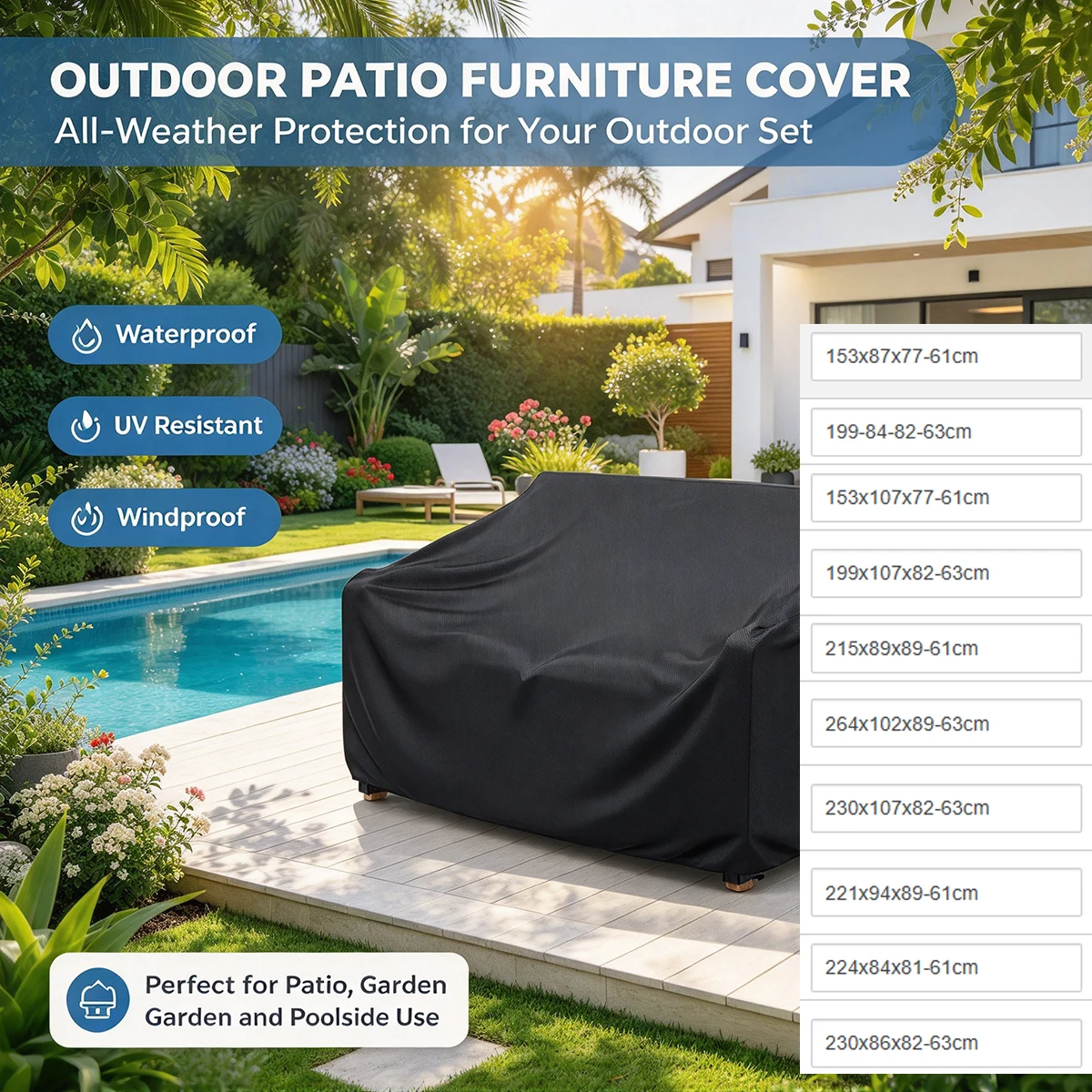 Double Chaise Longue Outdoor Patio Sofa Cover for Multi-seater Sofa, with Ventilation Slots and Handles Multiple Sizes Available