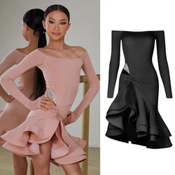 ZYM vestido de baile latino para niñas, ropa de competición, cintura de cristal, mangas largas, rosa, negro, ropa de actuación de práctica, nuevo