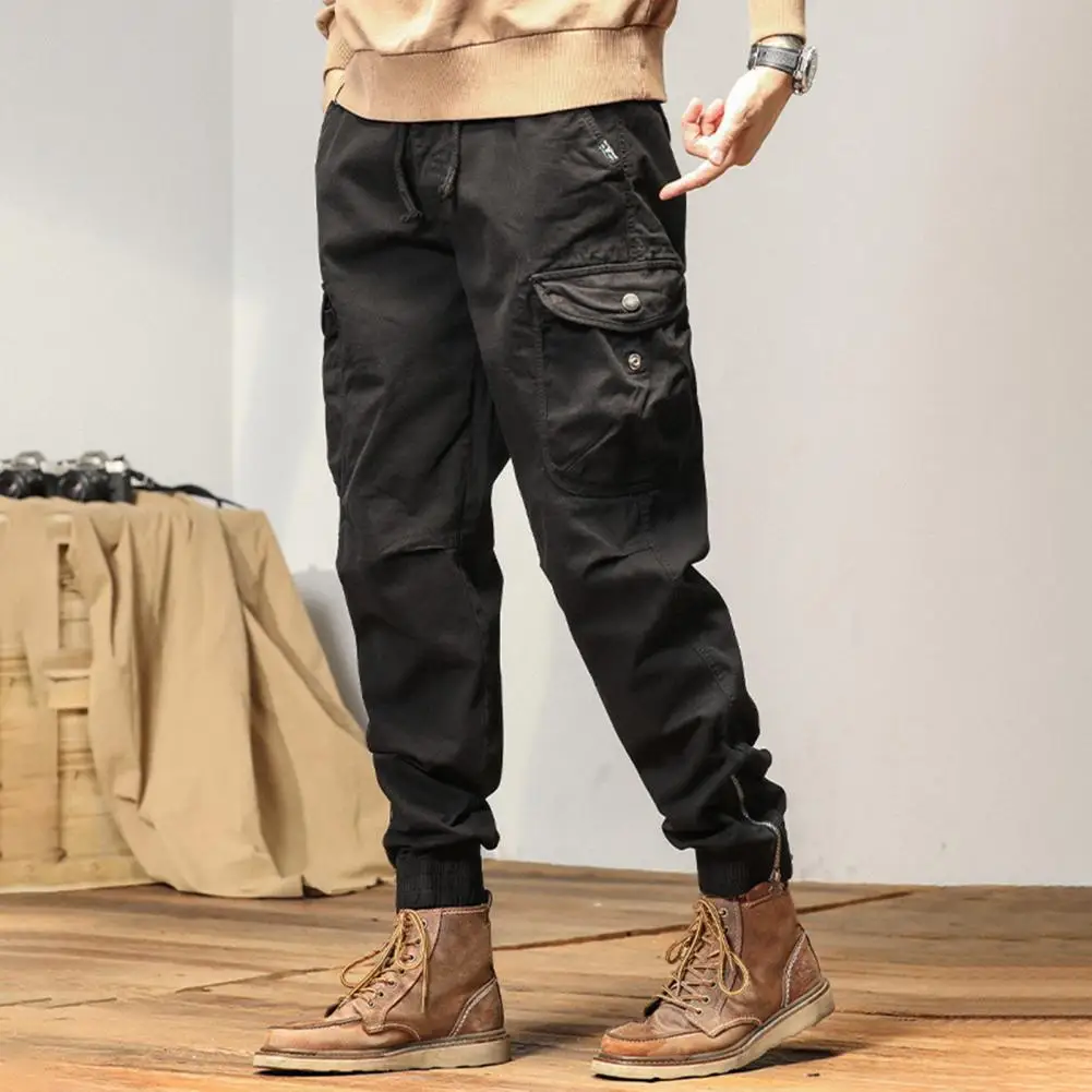 Multi-pocket Design Trousers Men's Cargo Pants with Drawstring Elastic Waist Multiple Pockets Ankle-banded Design for Streetwear