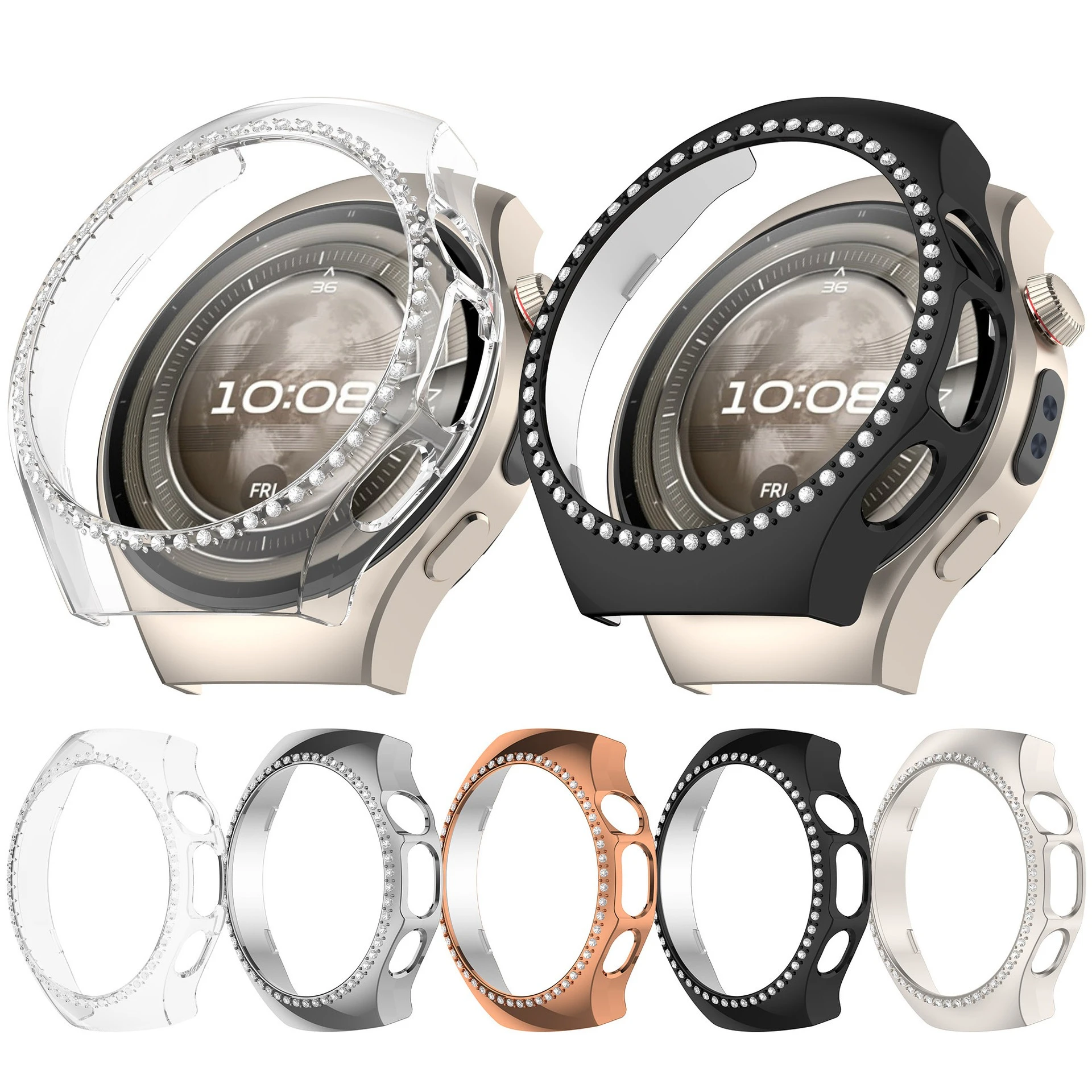 Diamond-set Skeleton Case for Huawei Watch 5 42/46mm Single-row Diamond Semi-wrapped Huawei Watch Protective Cover