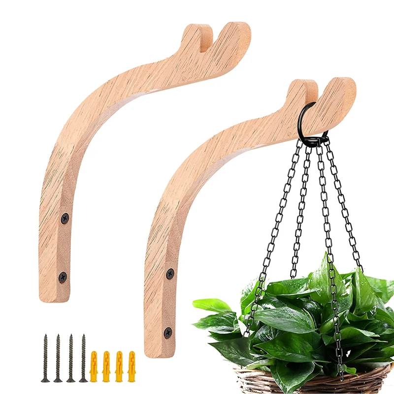 2 Pack Plant Hooks For Hanging Baskets,Wooden Plant Wall Hanger Indoor & Outdoor,Wall Hooks For Hanging Plants