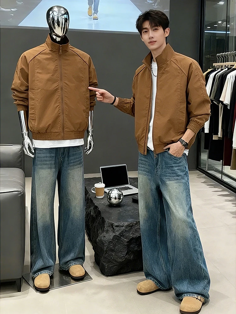 Brown Men's Workwear Jacket Spring Shoulder Flight Coat Stand Collar Three-proof Fleece Baseball Uniform Anti-wrinkle Long Sl...