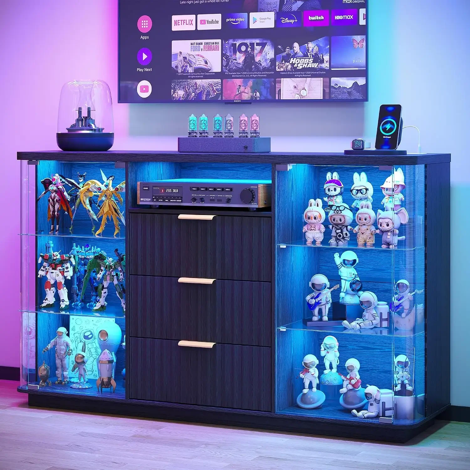 Glass Display Cabinet with LED Lights and Human Body Sensing Intelligent Module,Curie Display Cabinet with Glass Door