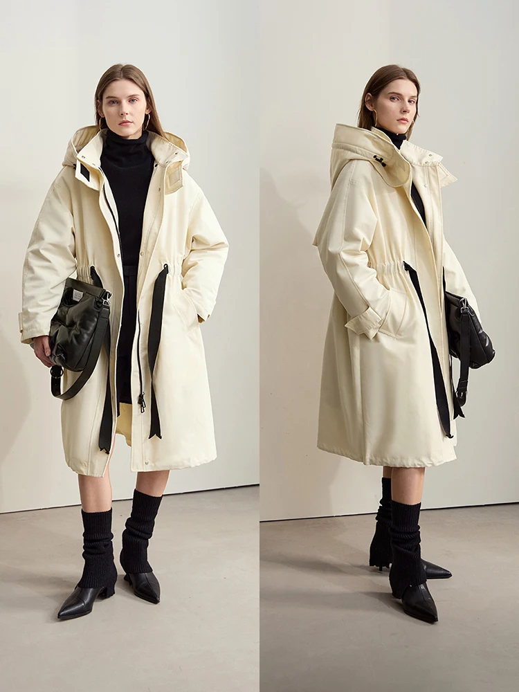 AMII-Ensemble deux pièces minimaliste pour femme, manteau en duvet épissé, capuchon à poignées amovibles, ceinture à cordes de proximité, pardessus long décontracté, hiver 2024, 12444037