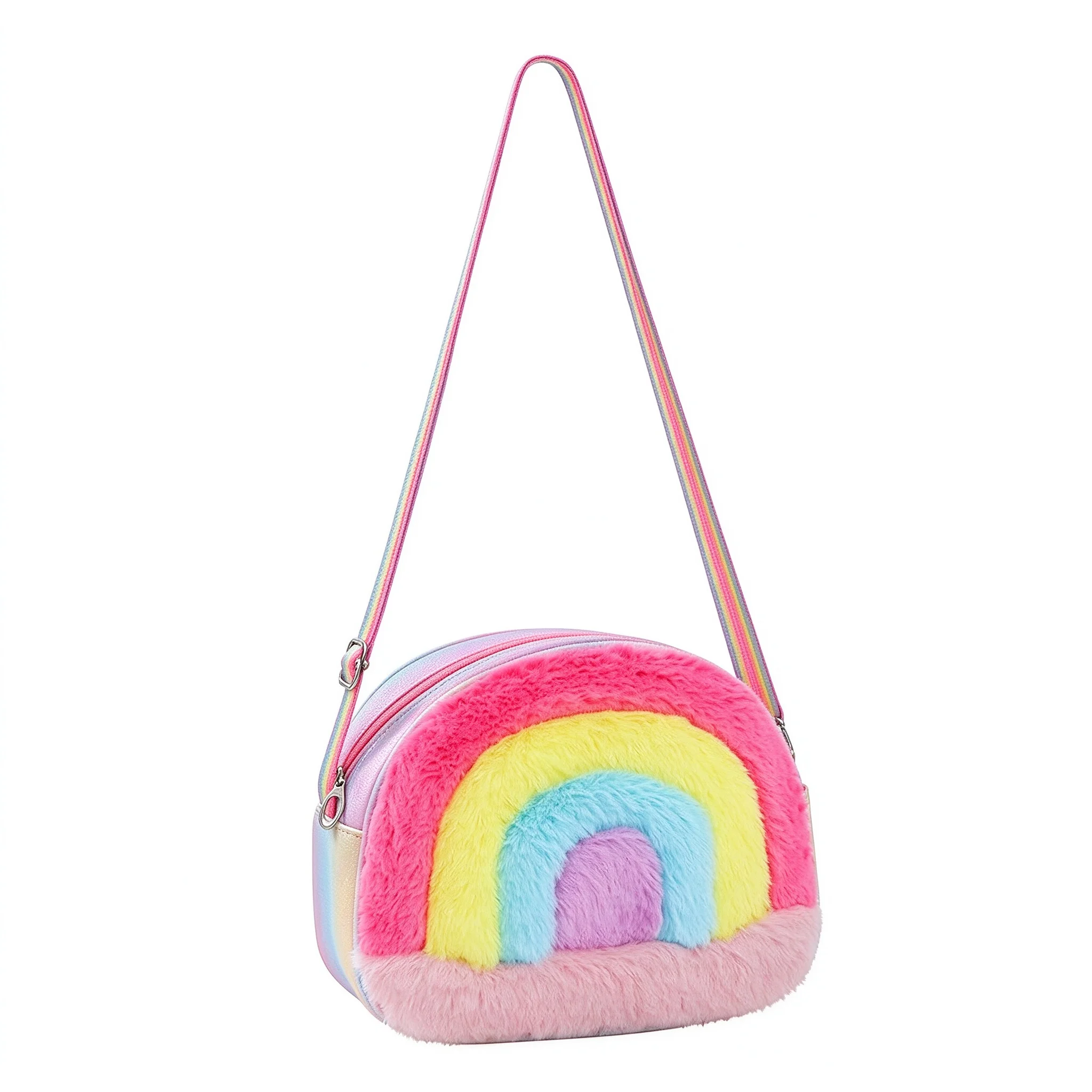 Purple Pink Colorful Rainbow Macaron colors Fuzzy Plush Crossbody Bag for Girls Cute Kids Shoulder Bag Children Princess Purse