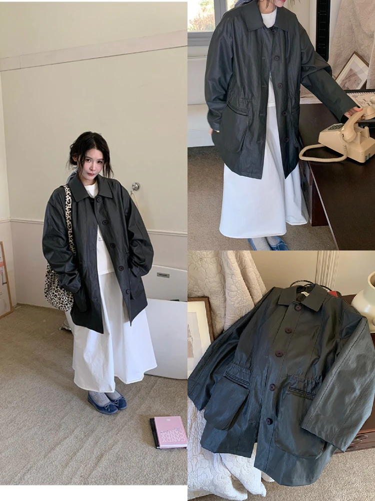 

Весенняя мода Восточные ворота со свободной талией, кожаный джет с воротником-стойкой, коническая талия, верхняя одежда, универсальное длинное пальто све