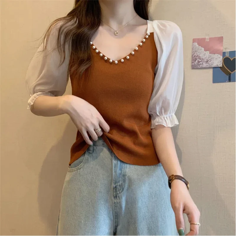 2024 Summer Women's Leisure Fashion Elegant Commuting Solid Color Slim Fit Design Feel Nail Bead V-neck Ice Silk Chiffon Top