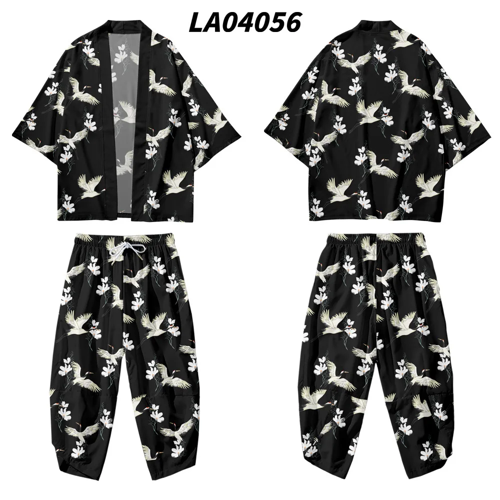 

Two-Piece Black Crane Loose Beach Summer Japanese Cardigan Suit Women Men Cosplay Yukata Clothing Harajuku Kimono + Pants Sets