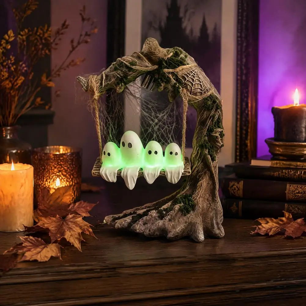 Ghost Figurine Glowing Ghost Swing Yard Decor Weatherproof Halloween Outdoor Garden Ornament with Green Light Spooky Patio