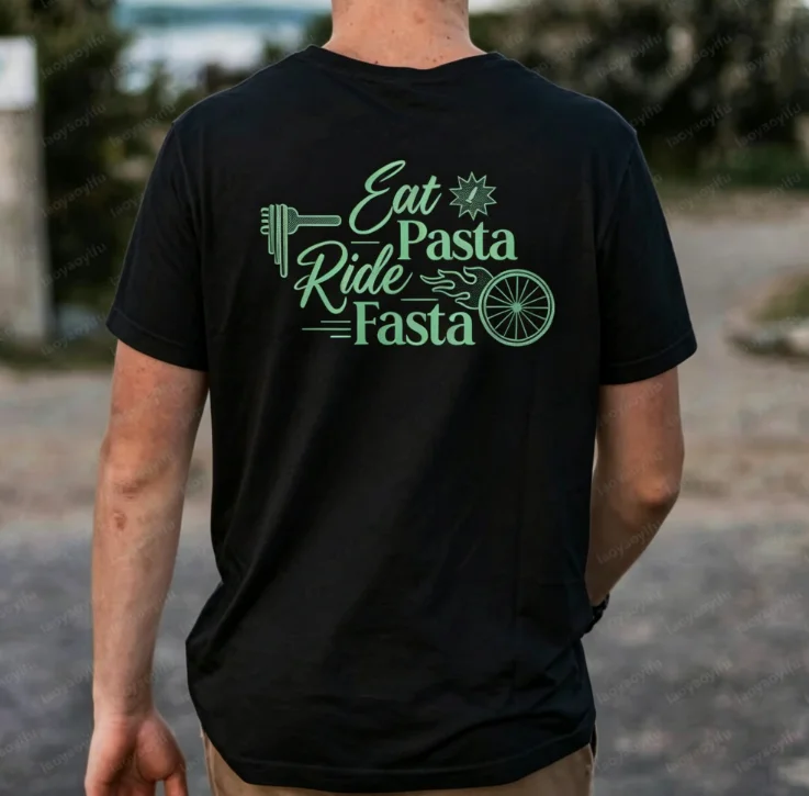 2026 New Y2k Family Matching Unisex Oversized T Shirt Eat Pasta Ride Fasta Bicycle Back Print Black Streetwear Tops