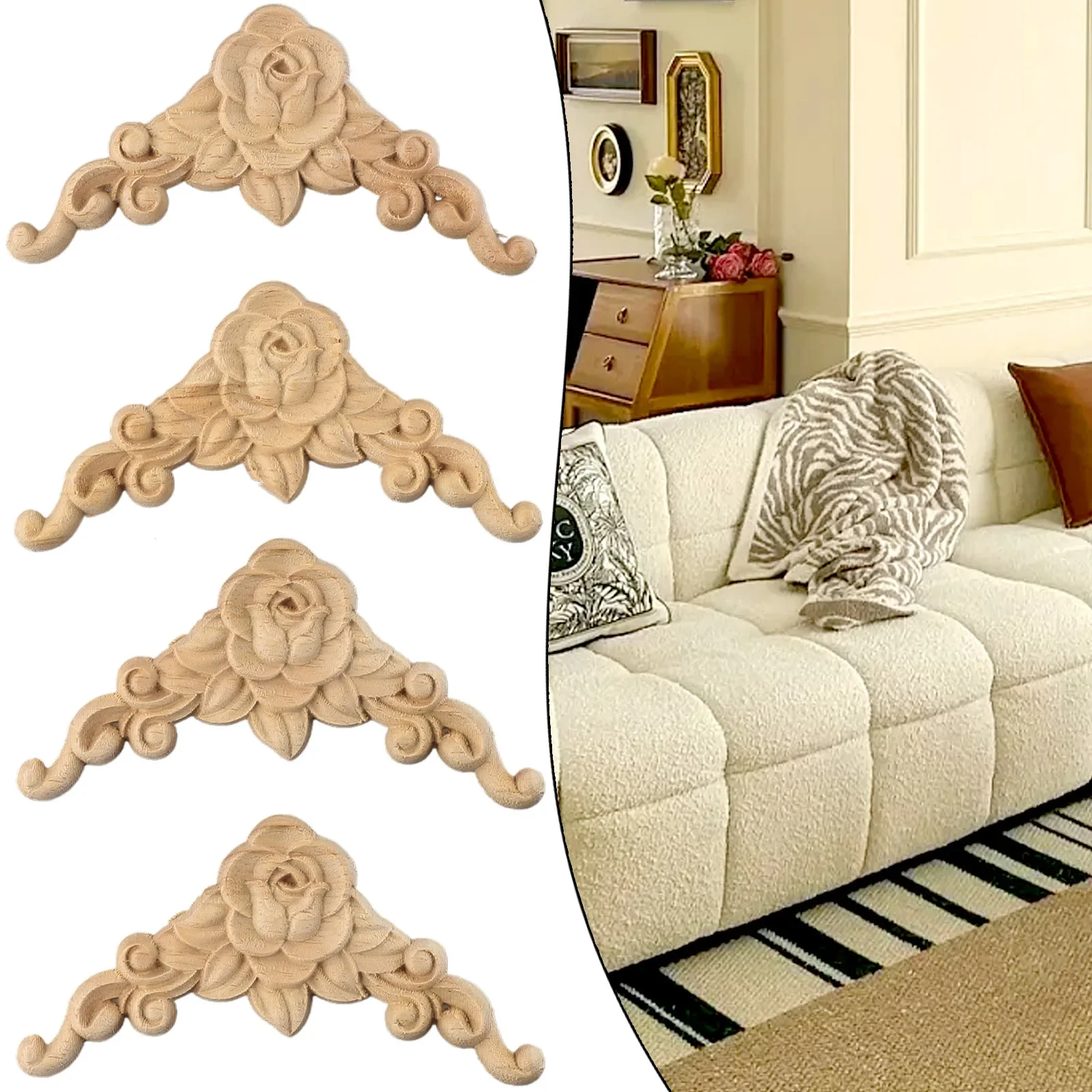 4pcs European Style Wooden Carved Corner Applique Furniture Mouldings Decal Decor Frame Mirrors Doors For Home DIY