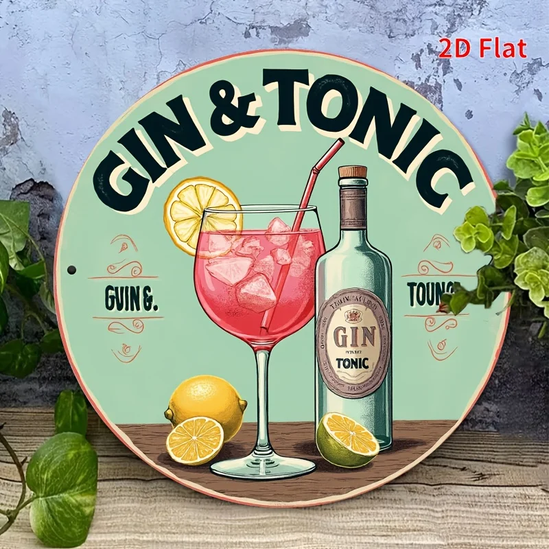 2D Flat, [2D Flat] 1pc Vintage Tin Sign - Aluminum 20X20cm - Green Background with Golden Tonic Poster, Red Lemon Accents, the W