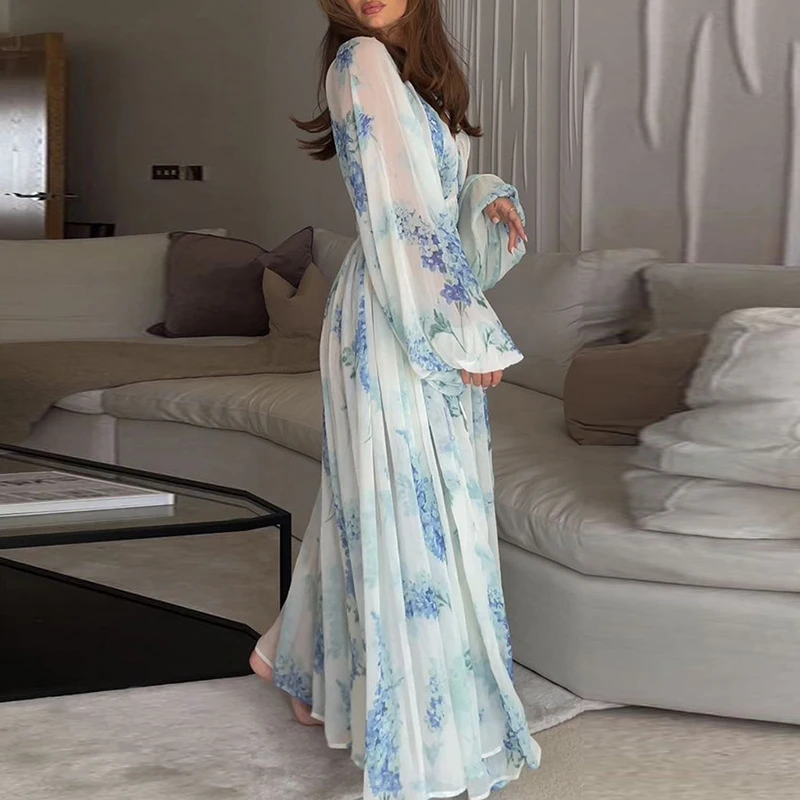 Lente Zomer Bedrukt Chiffon Vrouwen Jurk Elegante V-Hals Lange Mouw Feestjurk Mode Hoge Taille Geplooide Vakantie Jurk Mujer