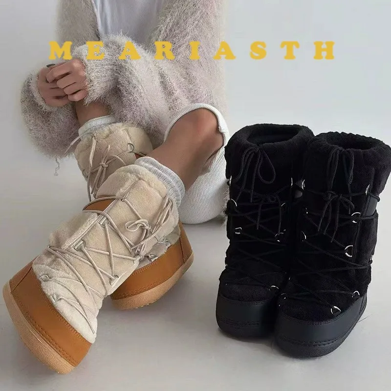 

Women's Winter Boots 2025 New Thickened Ski Boots Women Fur Splicing High Tube Woman Snow Boots Ldaies Winter Shoes Non-slip