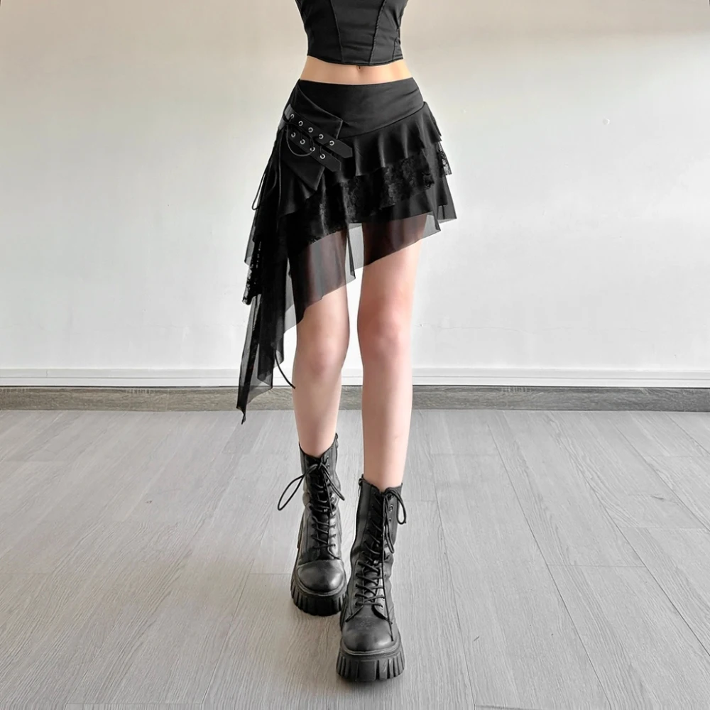 SylCue Mesh Patchwork Mini Skirts Women Elastic Waist Bandage Decoration Tierred Street Versatile Style Ruched Elegant Bottoms