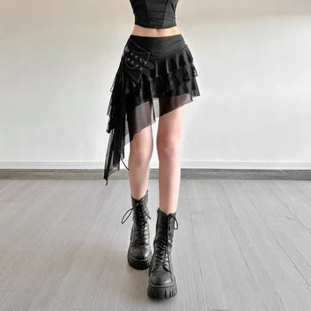 SylCue Mesh Patchwork Mini Skirts Women Elastic Waist Bandage Decoration Tierred Street