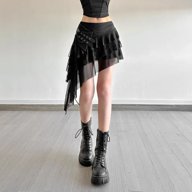 SylCue Mesh Patchwork Mini Skirts Women Elastic Waist Bandage Decoration Tierred Street